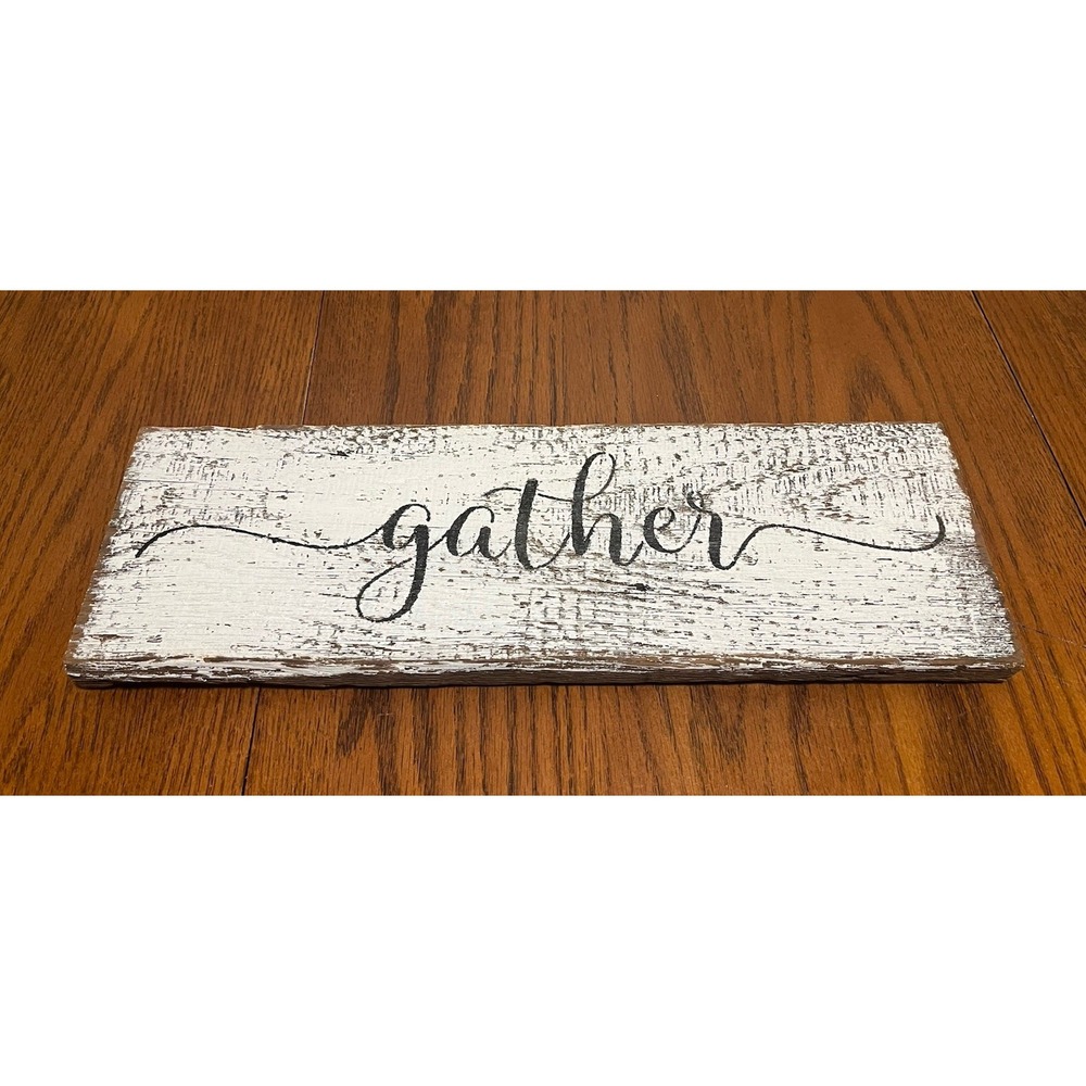 Custom Painted Wood Sign Gather 18" Wide by‎ 6" Tall, White with Black Words